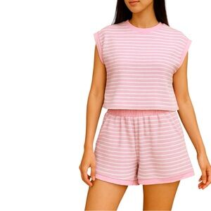 Pink Striped Sleeveless Top and Shorts Loungewear Set Size Large